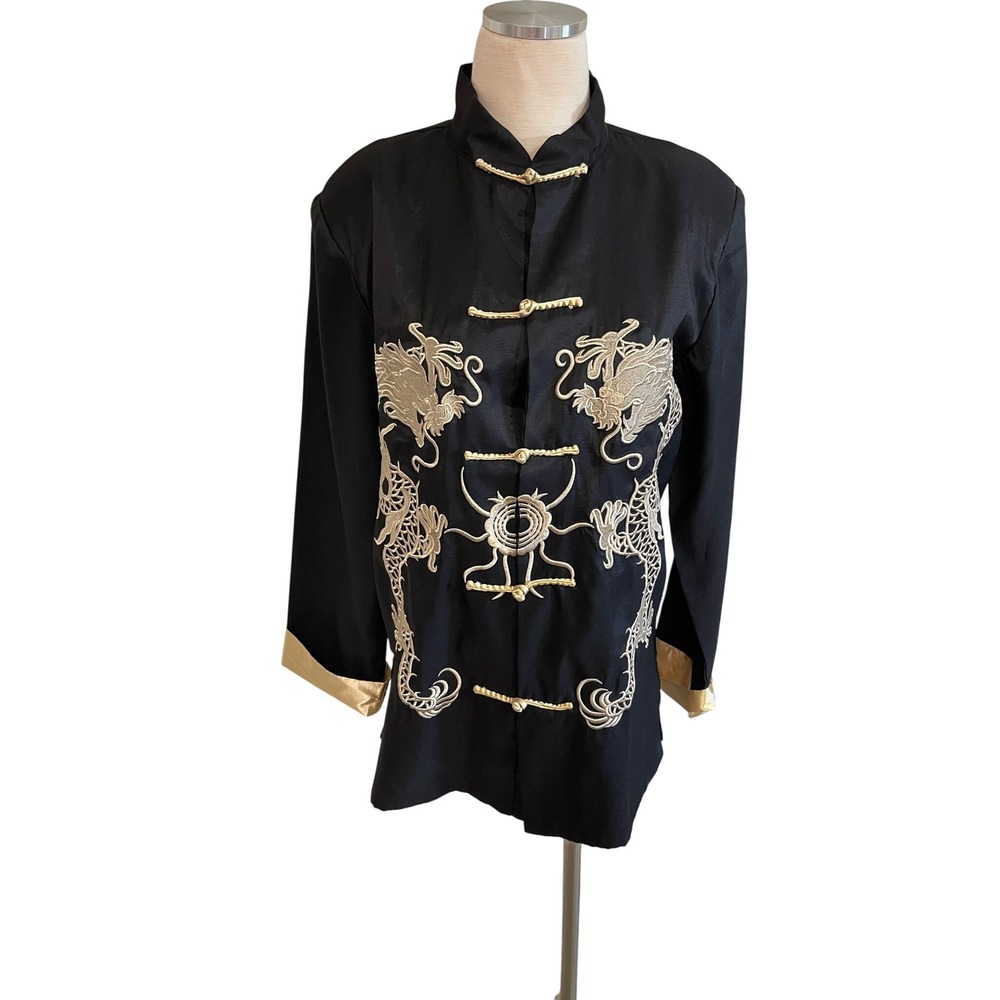 Dragon Embroidered Mandarin Collar Jacket Asian Style Black Gold Trim - Picture 4 of 12